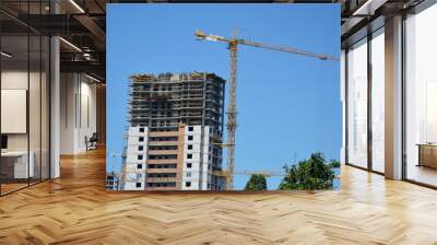 Construction of a skyscraper monolith and brick construction elements from a number of tower crane. Wall mural