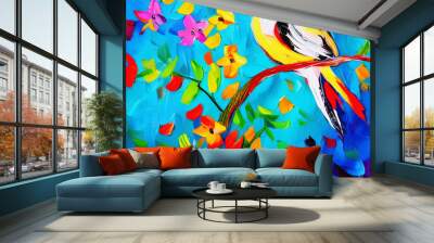 Colorful oil and acrylic modern painting of bird and spring flower. Huge vibrant brush strokes on canvas. Wall art print for canvas, poster, creative design artwork Wall mural