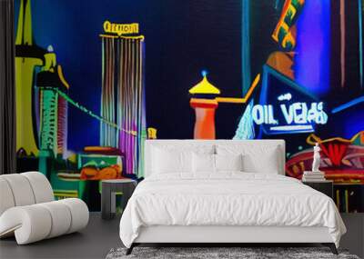 Night in Las Vegas, Nevada. Oil painting modern impressionism art. Bright vibrant colors of neon city at night. Casino, hotels, restaurants, road traffic lights. Wall art print, greeting template Wall mural