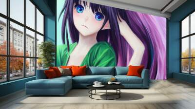 Pretty anime girl portrait. Beautiful woman oil painting print. Fantasy female character cartoon illustration. Graphic digital art avatar Wall mural