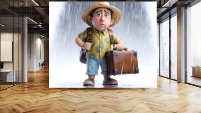 3D cartoon traveler facing rainstorm with luggage and backpack in tropical area Wall mural