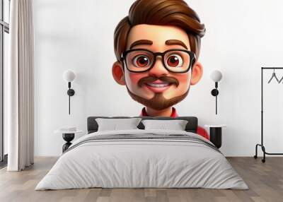 Smiling 3D cartoon character with glasses in red shirt and black tie Wall mural