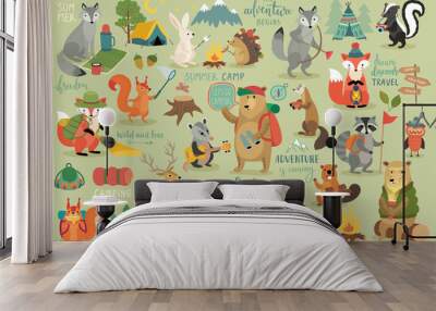 Animals hand drawn style, Summer set - calligraphy and other elements. Wall mural