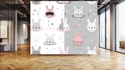 Bunny planets childish seamless hand drawn patterns. Space Dreams digital paper with cute characters. Wall mural