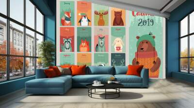 Calendar 2019. Cute monthly calendar with forest animals. Hand drawn style characters. Wall mural