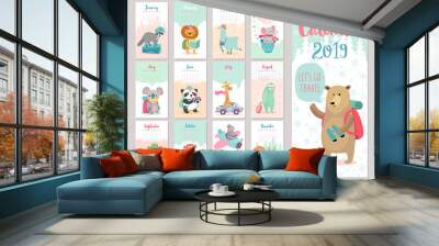 Calendar 2019. Cute monthly calendar with forest animals. Wall mural