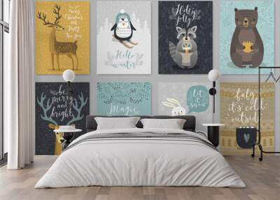 christmas animals card set, hand drawn style.. Wall mural