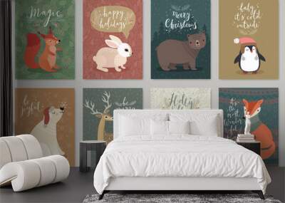 Christmas animals card set, hand drawn style. Wall mural