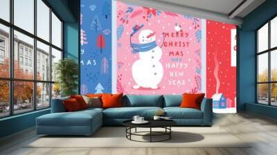 Christmas card set - hand drawn cute flyers. Postcards with lettering and Christmas graphic elements. Vector illustration. Wall mural