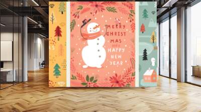 Christmas card set - hand drawn cute flyers. Postcards with lettering and Christmas graphic elements. Wall mural