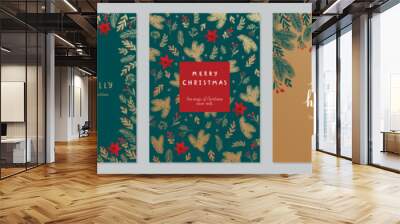 Christmas card set - hand drawn floral flyers. Lettering with Christmas decorative elements. Wall mural