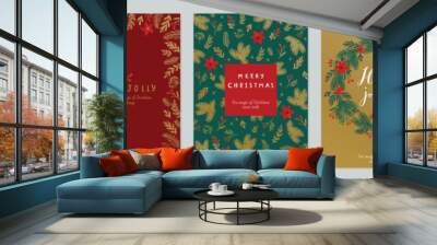 Christmas card set - hand drawn floral flyers. Lettering with christmas decorative elements. Wall mural