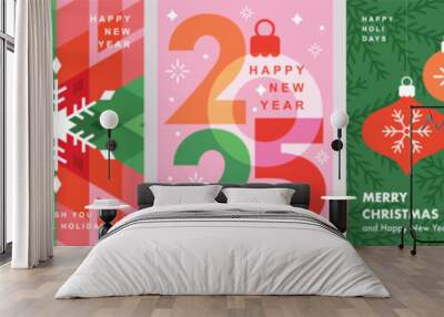 Christmas Minimalist card set - abstract Holidays flyers. Lettering with Christmas and New Year decorative elements. Vector illustration. Wall mural