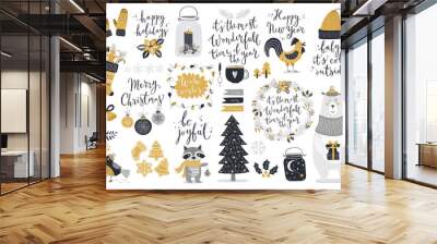 Christmas set, hand drawn style - calligraphy, animals and other elements. Wall mural