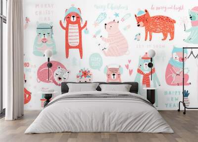 Christmas set with Cute Bears celebrating Christmas eve, handwritten letterings and other elements. Funny characters. Wall mural