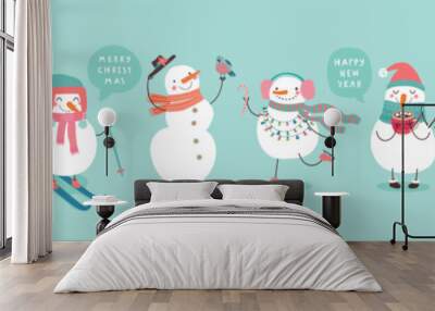 Christmas set with cute snowmen. Funny characters with garland, gift, bird, skates, ski and christmas balls. Wall mural