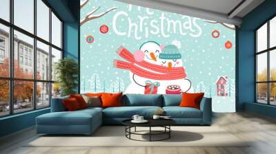 Cute snowmen couple hugging. Merry Christmas card. Wall mural