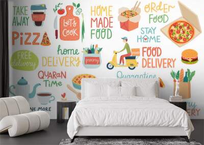 Food and Quarantine Covid-19 letterings and other elements. Home delivery and Home cooking. Wall mural