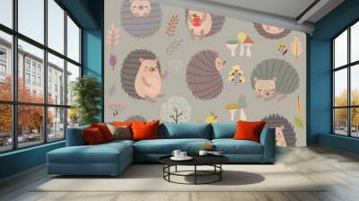 Hedgehog set hand drawn style. Cute Woodland characters playing, sleeping, relaxing and having fun. Wall mural