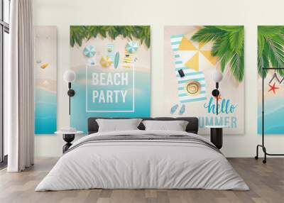 Tropical beach cards with sand, sea and palm trees. Summer flyers with starfish, flip flops and beach umbrellas. Wall mural