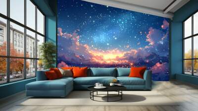 A serene twilight sky filled with stars and shimmering clouds over a distant horizon Wall mural