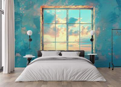 A tranquil view through a rustic window showcasing a colorful sunset over rolling clouds Wall mural