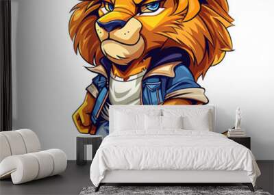 Cartoon lion character in casual attire with stylish denim jacket and jeans Wall mural