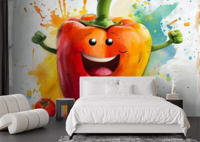 Cheerful cartoon bell pepper character with tomatoes against a colorful background Wall mural