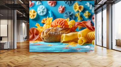 Colorful variety of pasta displayed with a crusty bread loaf and vibrant background decoration Wall mural