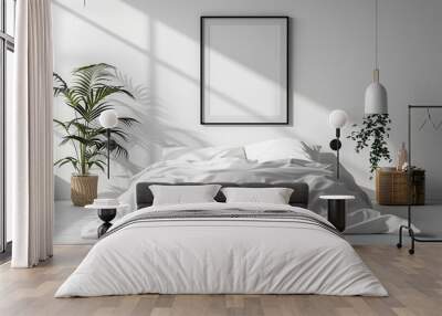 Cozy bedroom setup with minimalist decor, natural light, and plants in the afternoon Wall mural