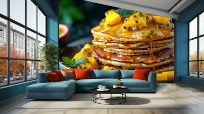 Delicious pancakes topped with fresh mango and passionfruit syrup on a stylish plate Wall mural