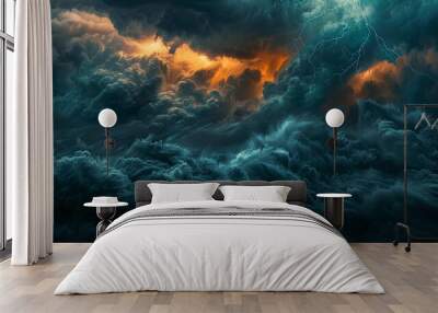 Dramatic storm clouds illuminated by orange and blue light overcast evening sky Wall mural