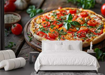 Freshly baked vegetable pizza with tomatoes and herbs on a wooden table Wall mural