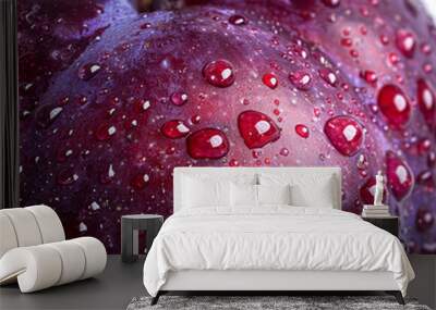 Freshly washed purple plum with droplets on a white background Wall mural