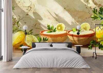 Lemon-infused hummus with fresh herbs sits invitingly on a rustic wooden table Wall mural