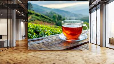 Tea cup on a wooden table with tea plantation view Wall mural