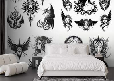 beautiful mystic symbols tattoo illustration black and white set, vector illustration Wall mural