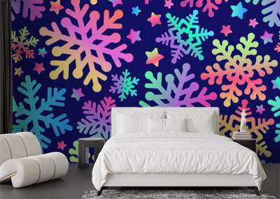 Christmas seamless pattern with snowflakes. Rainbow snowflakes on a blue background. Winter background. Wall mural