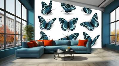 Set of blue butterflies flying in different directions. Collection of butterflies on a white background. Butterflies side and top view. Wall mural