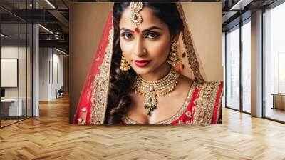 Beautiful and glamorous Indian woman getting dressed as bride Wall mural