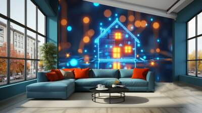 A concept fo smart home blends technology, artistry and design. A futuristic house illuminated by vibrant blue lights. The house stands out against dark background, creating otherworldly ambiance Wall mural