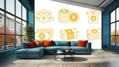 Set of Japanese yen icon paper money illustration, coin gold icon, bills or banknote yen icon design bundle Wall mural