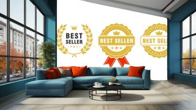 Sticker best seller set isolated premium quality in gold and red color perfect for mark best seller product Wall mural