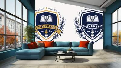 University logo shield emblem badge template vector design illustration in gold and blue color Wall mural