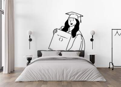 Happy graduate woman holding a diploma Wall mural