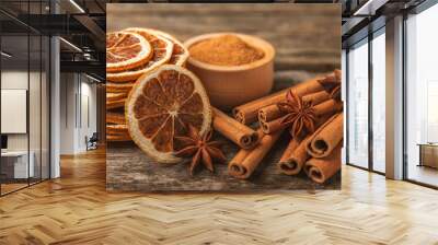 Ceylon cinnamon sticks and anise on a textured wooden background.Cinnamon roll and star anise. Spicy spice for baking, desserts and drinks. Fragrant ground cinnamon.Place for text. copy space. Wall mural