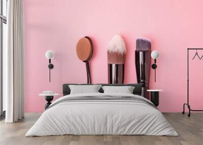 Cosmetic makeup brush on a pink background. Cosmetic product for make-up. Creative and beauty fashion concept. Fashion. Collection of cosmetic makeup brushes, top view, banner.Place for text. MOCAP. Wall mural