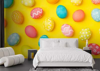 Easter eggs on a bright background. Easter celebration concept. Colorful easter handmade decorated Easter eggs. Place for text. Copy space. Wall mural