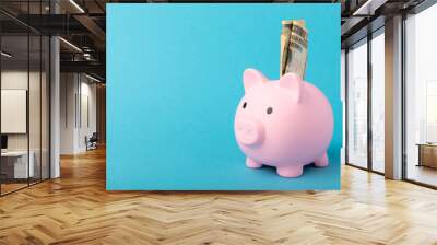 Piggy bank on a blue background.Piggy bank with dollar bills.The concept of investment and saving money.Investments.Place of milking text. Place to copy. mockup Wall mural