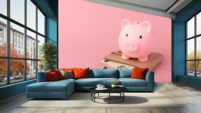 Piggy bank on a pink background. Piggy bank with a wallet and euro banknotes.The concept of investment and saving money.Investments.Place for milking text. Place to copy. mockup Wall mural